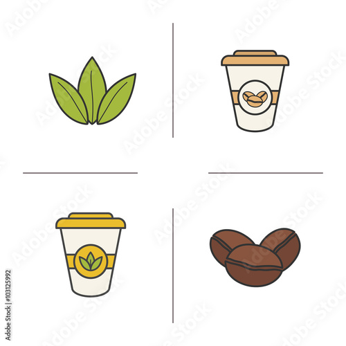 Tea and coffee color icons set