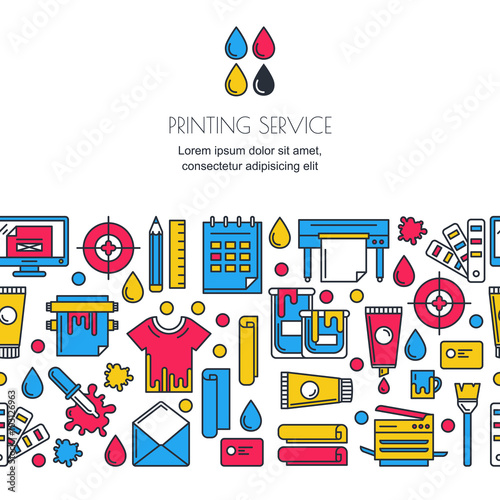 Vector seamless horizontal background with printing signs in cmyk colors. Printer, plotter, paints and stationery icons. 