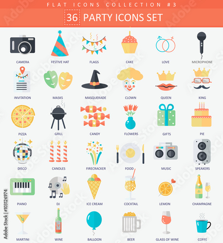 Vector Party Flat icon set. Elegant style design