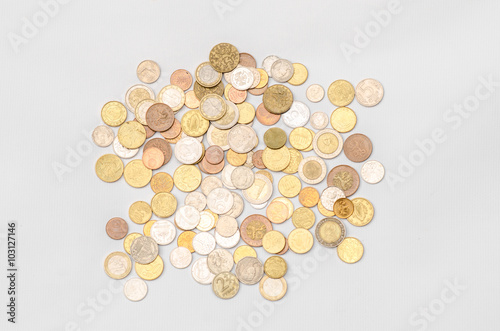 Money and Finance Topic  cash coins are isolated on a white background in the studio a top view