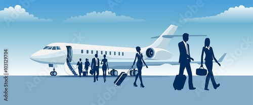 The plane landed at the airport business people, silhouettes