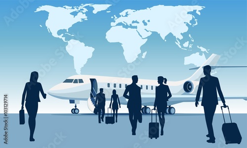 business people walking on the plane at the airport, world map