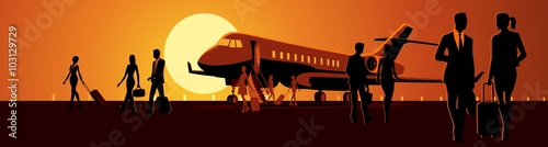 The plane landed at the airport business people, silhouettes