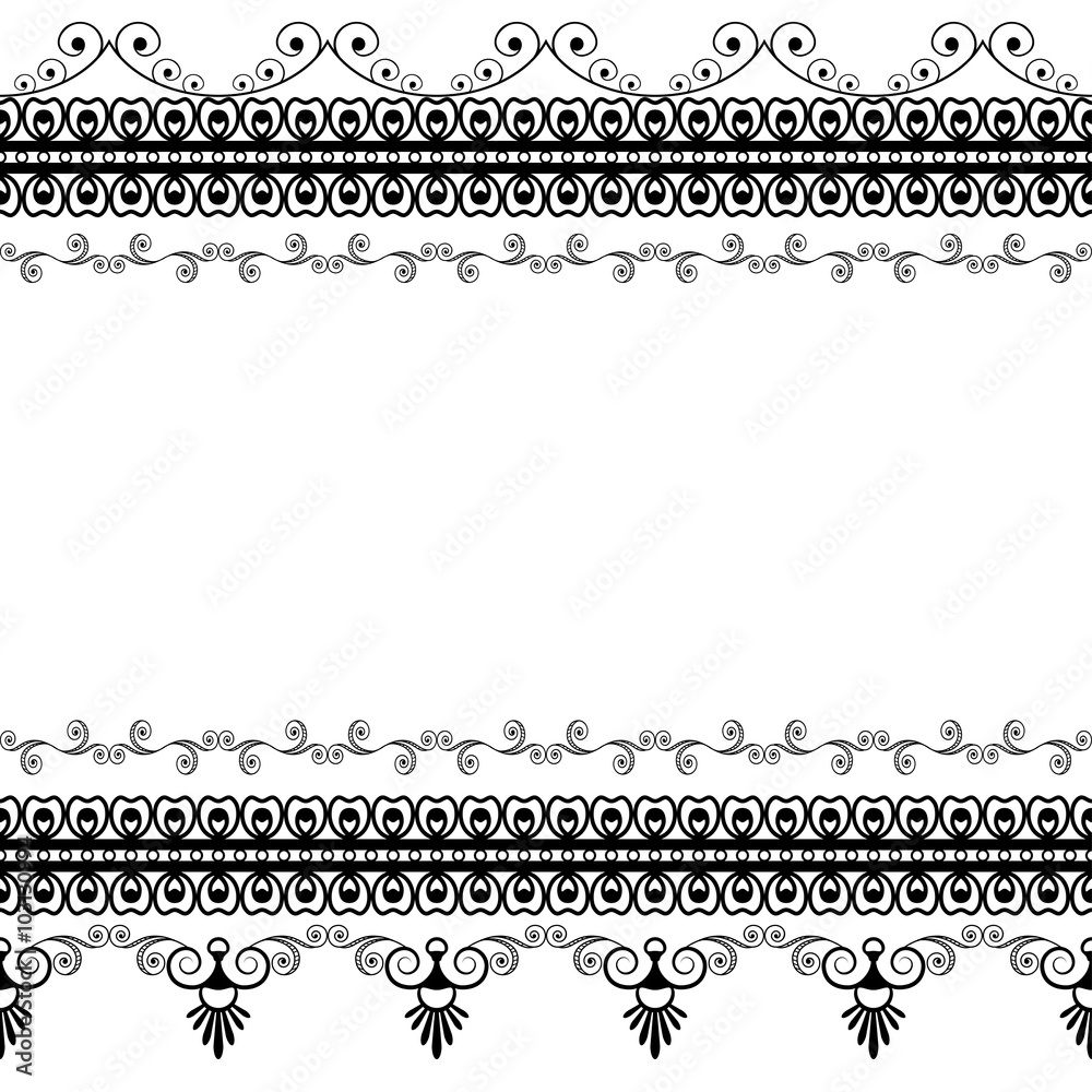 Seamles border pattern elements with flowers and lace lines in Indian mehndi style isolated on white background.