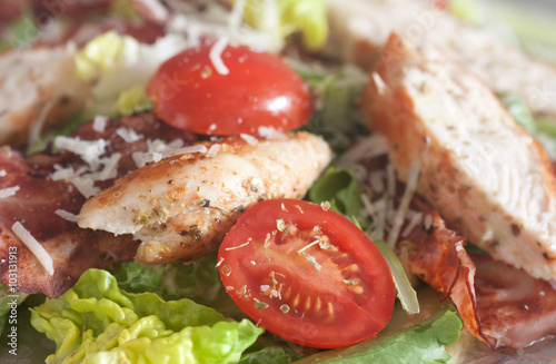 Closeup of chicken salad with tomatoes