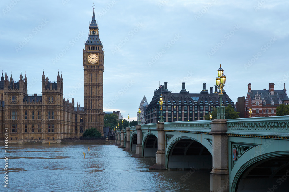 Big Ben and bridge in the early morning in London, natural color