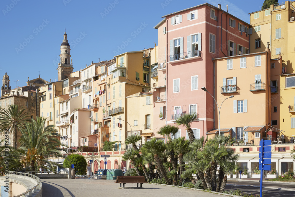 Menton, old city houses and street in the morning, French riviera
