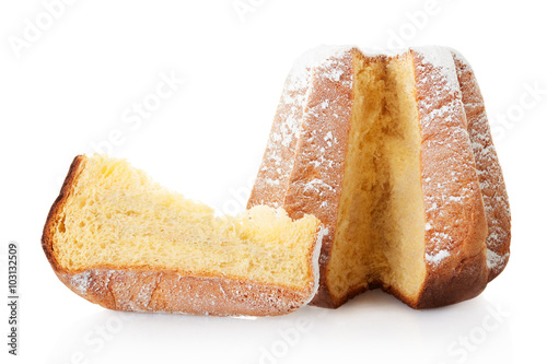 Pandoro, Christmas cake and slice with icing sugar on white, clipping path photo