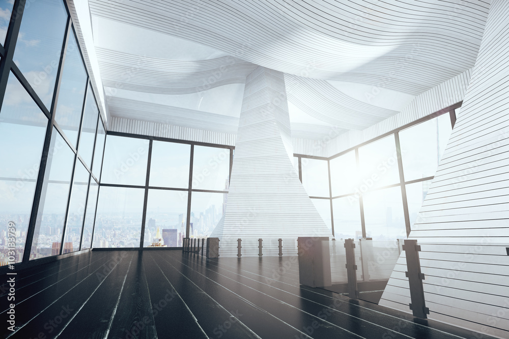 Obraz premium Modern interior of a large room with black floors and large win