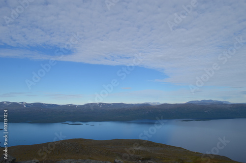View from mountain top on lake Torneträsk, subarctic mountains, Swedish Lapland
