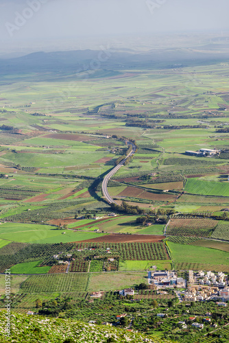 Aerial view of agricultural fields small city highway
