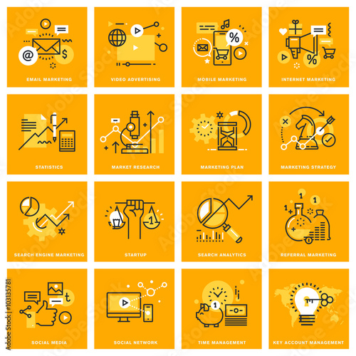 Thin line web icons of internet marketing and advertising, social network, market research, startup, search analytics, management. Vector illustration concepts for graphic and web design.