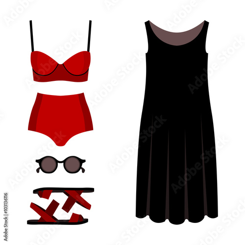 Set of trendy women's clothes. Outfit of woman swimsuit, dress and accessories. Women's wardrobe. Vector illustration