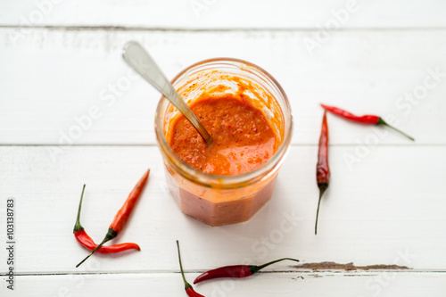 Piri piri sauce is a type of hot chilli pepper sauce used as seasoning or marinade traditionally in portuguese cuisine. Seen here in a glass jar with a spoon, on a white background. photo