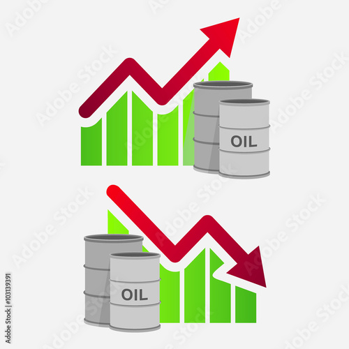 Crude oil price down with barrel and diagram