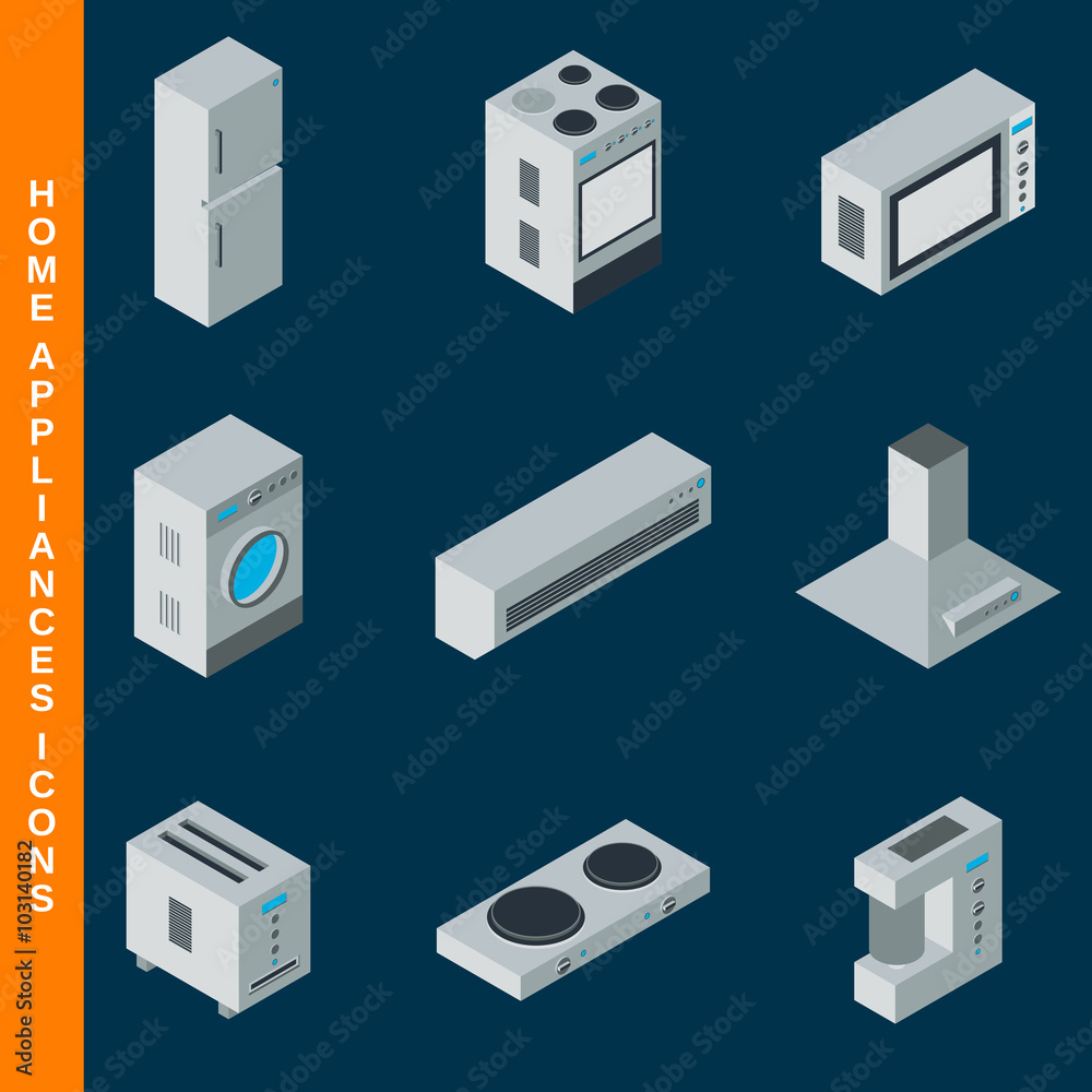 Isometric flat 3d home appliances icons set Isometric flat 3d home appliances icons set