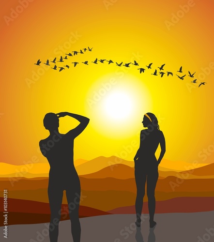 Two women adore flying geese