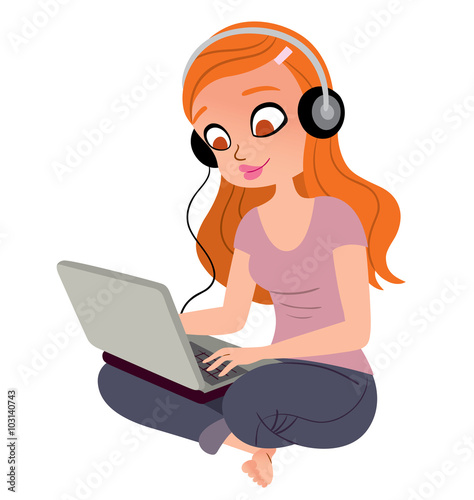 pretty girl with headphones and laptop