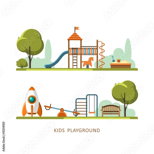 Playground, kids playground, playground park, school playground, children's playground, kindergarten playground with swings, slide, sandpit, rocket-house, toy horse. Vector illustration.