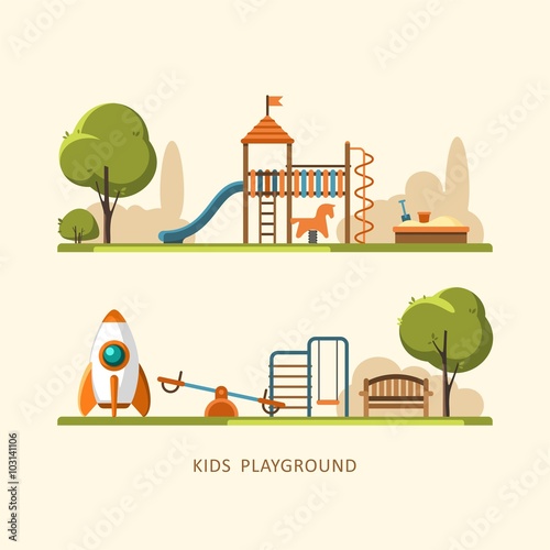 Playground, kids playground, playground park, school playground, children's playground, kindergarten playground with swings, slide, sandpit, rocket-house, toy horse. Vector illustration.
