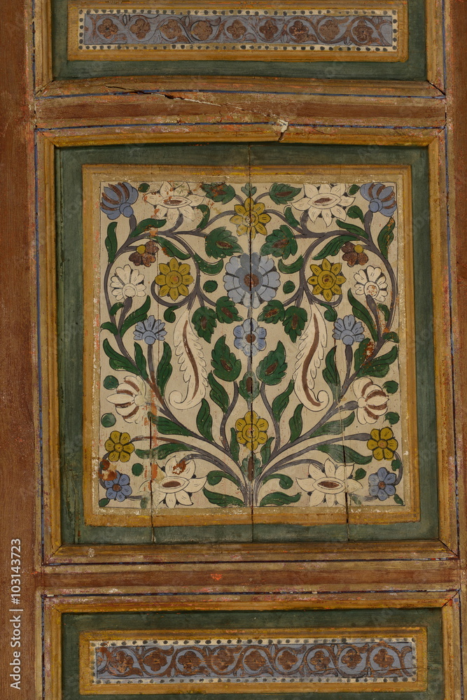 Marrakech,Morocco,Africa. Ornately painted window shutters at Palace La Bahia. Marrakech,Morocco,Africa. Ornately painted window shutters at Palace La Bahia.