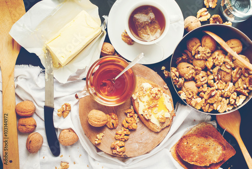 Useful Breakfast Tea Toast Honey Walnuts Effect Instagram Top View