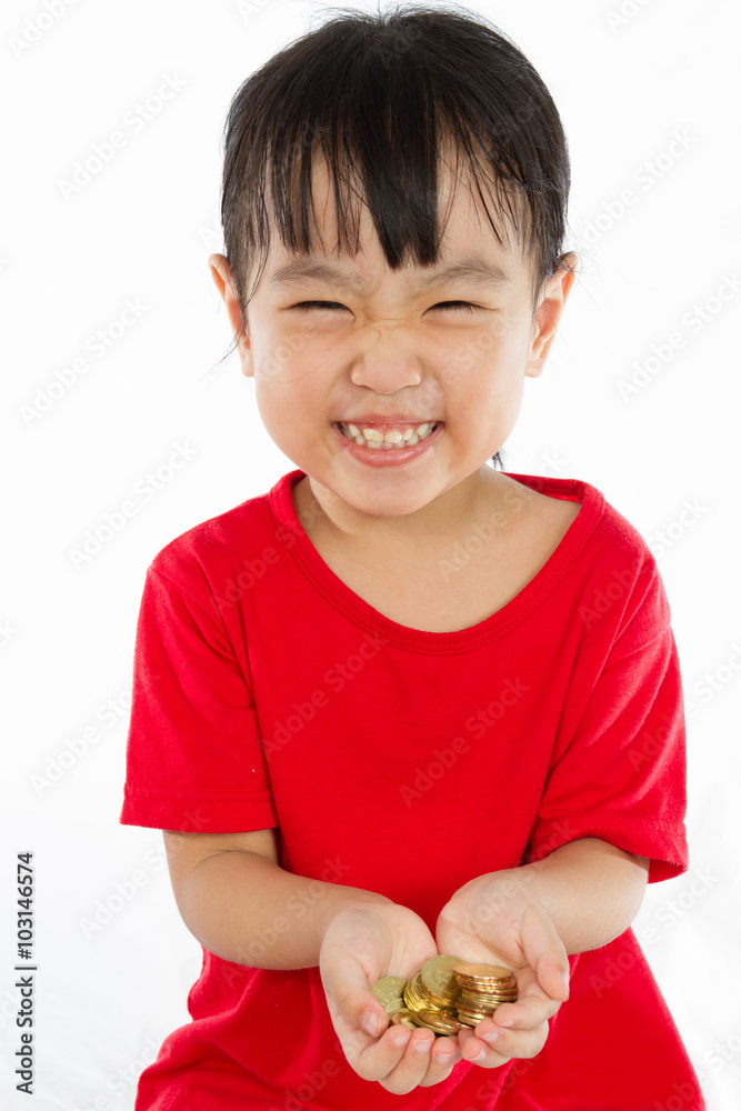 Asian Little Girl Holding Coins for Saving Asian Little Girl Holding Coins for Saving