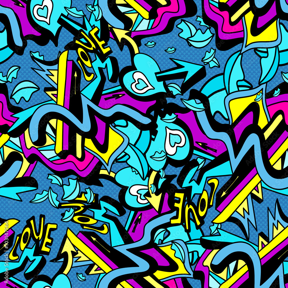 psychedelic graffiti lines and heart on a white background seamless pattern vector illustration