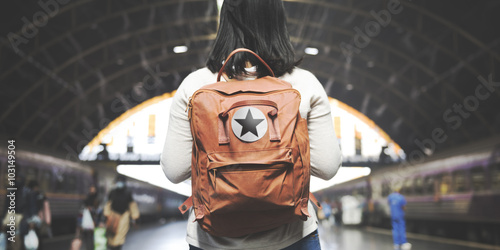 Asian Lady Traveler Backpack City Concept photo