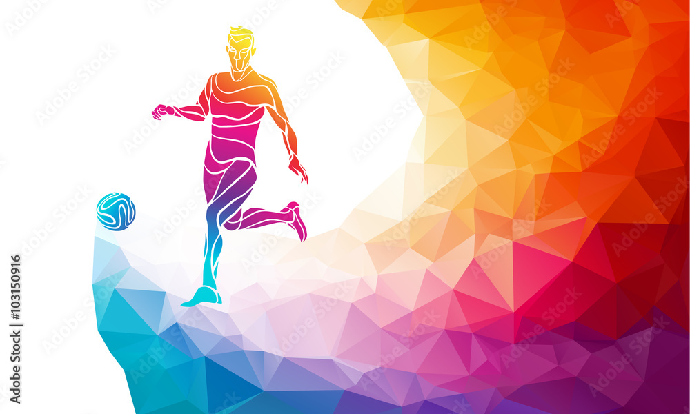 Creative silhouette of soccer player. Football player kicks the ball in trendy abstract colorful polygon style with rainbow back