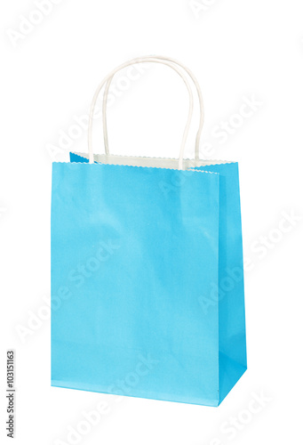 The bright blue paper package, bag for gifts or purchases isolated on the white