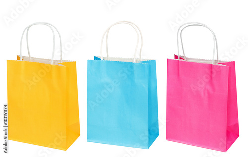 Set of bright blue, yellow, pink paper package, bag for gifts or purchases isolated on the white