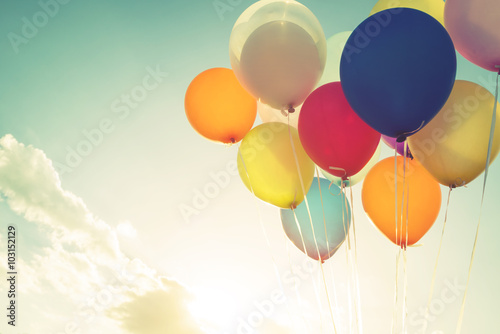 Vintage multicolor balloons of birthday party. Instagram retro filter effect