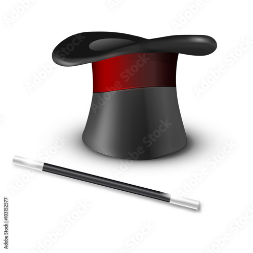 Glossy magic hat and wand on white background