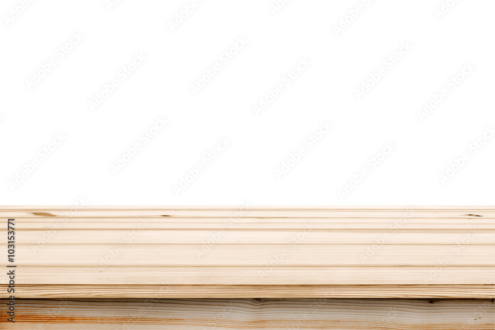 Top of empty pine wood table ready for your product display montage. with white background.