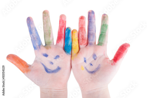 childrens hands palms colorful painted isolated on white background