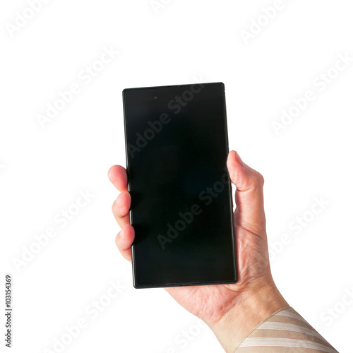 Man holds in hand smartphone in portrait mode isolated on white.
 photo