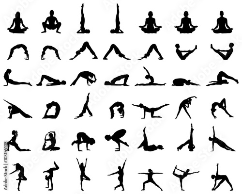Black silhouettes of yoga and fitness, vector