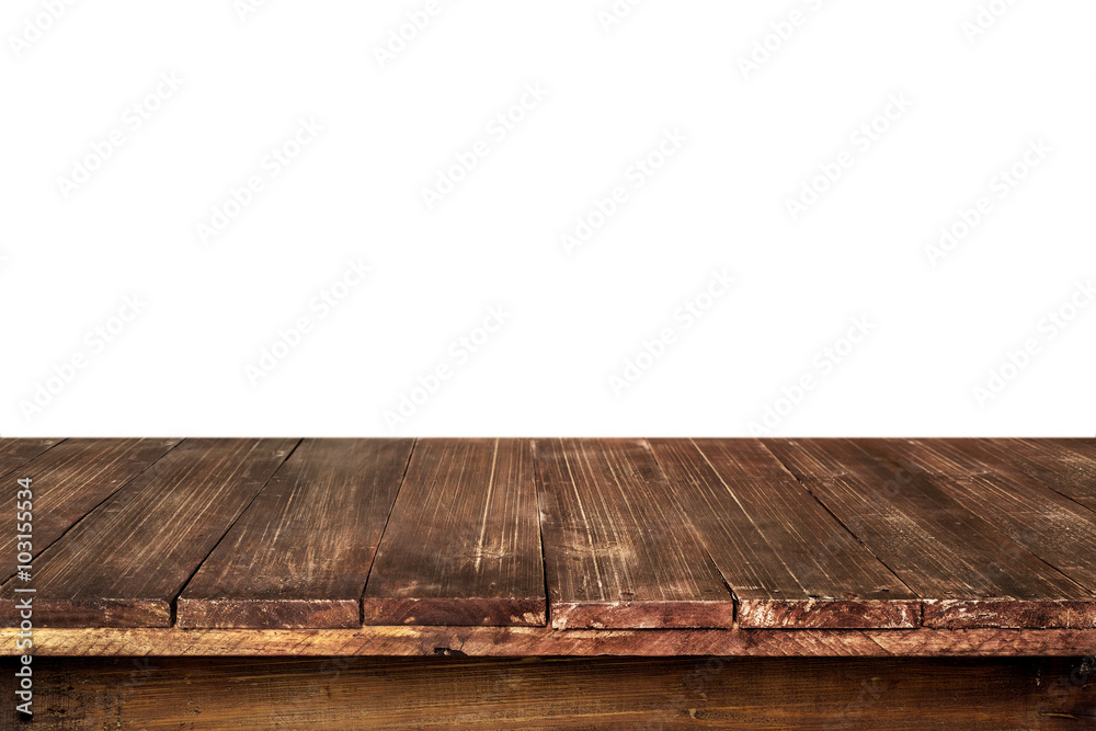 Empty old wooden table for product placement or montage with focus to