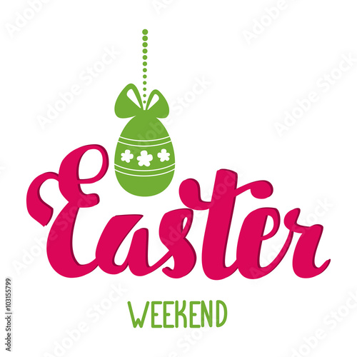 Easter weekend. Easter hand lettering. Easter egg with bow hanging on a string of beads.