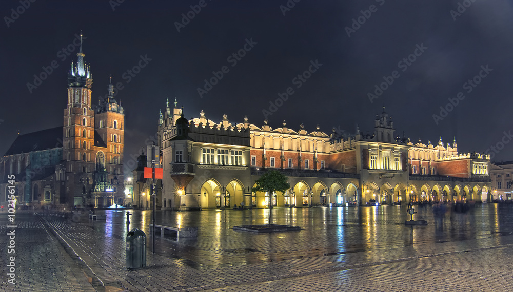 Panorama of Main Market Square at night, Poland, Krakow