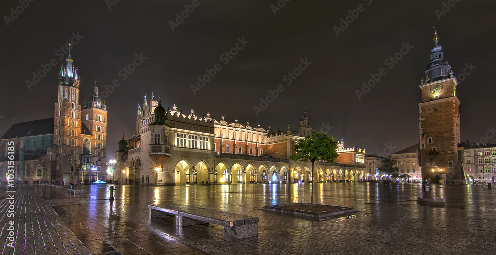 Obraz Panorama of Main Market Square at night, Poland, Krakow