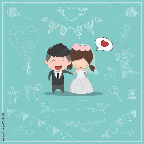 Cute cartoon Wedding couple men and women card, cute Valentine's