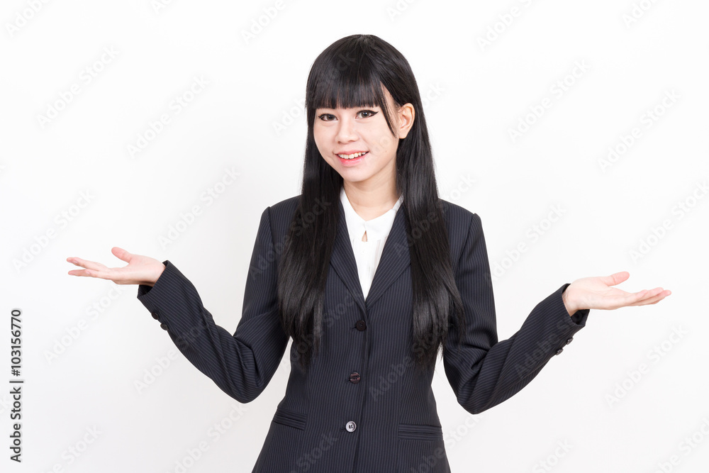 asian business woman showing something with open hands asian business woman showing something with open hands