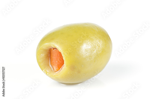 Green olive stuffed with red paprika isolated on white