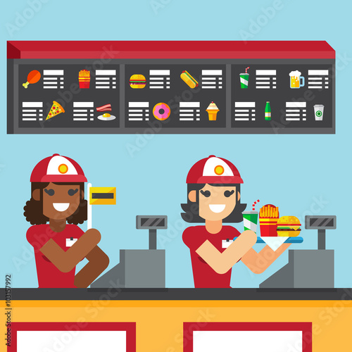 Restaurant workers serving fast food meals with smile. woman holding tray