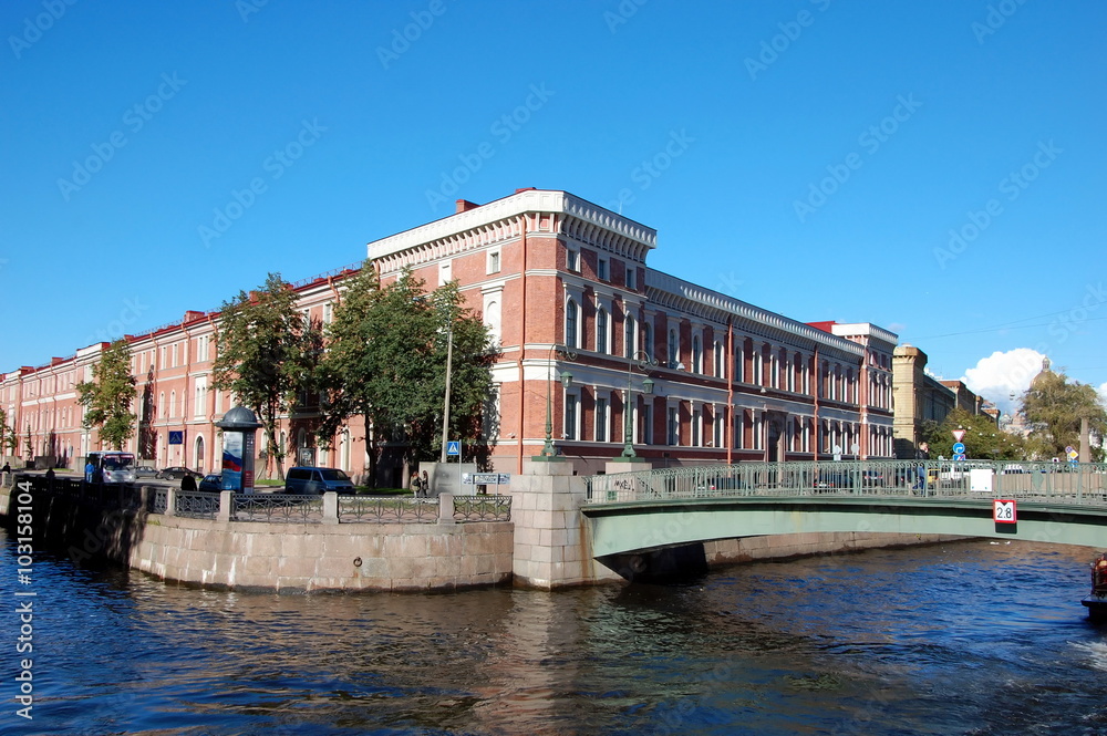 Saint-Petersburg. Russia, cityscape. Corner house on the Moyka river and Krukov canal