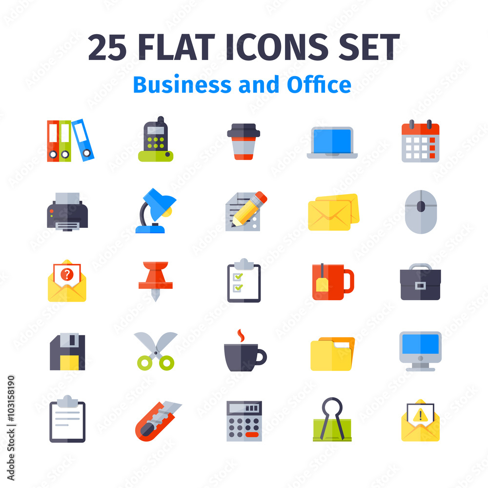 Set of 25 flat icons. Business and office flat icons. Set of office items in flat style. 25 icons isolated on white background. Icons, signs, symbols for web design. Set of 25 flat icons. Business and office flat icons. Set of office items in flat style. 25 icons isolated on white background. Icons, signs, symbols for web design.