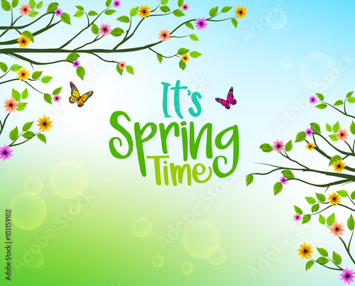 Spring  Background of Trees and Colorful Flowers and Growing Leaves in a Horizon for Springtime Nature Related Designs. Vector Illustration
