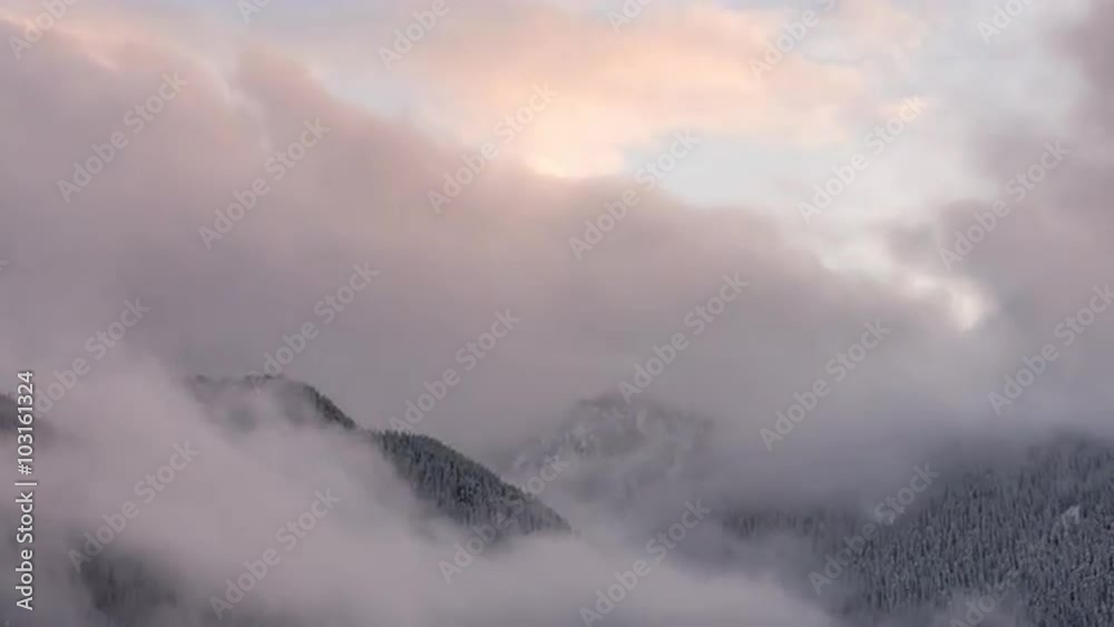 Winter Landscape of Rolling Fog Clouds in Snow Covered Hills of Mountain Forest Motion Time-lapse Winter Landscape of Rolling Fog Clouds in Snow Covered Hills of Mountain Forest Motion Time-lapse